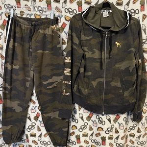 Pink brand camouflage bling sequined jogger set.